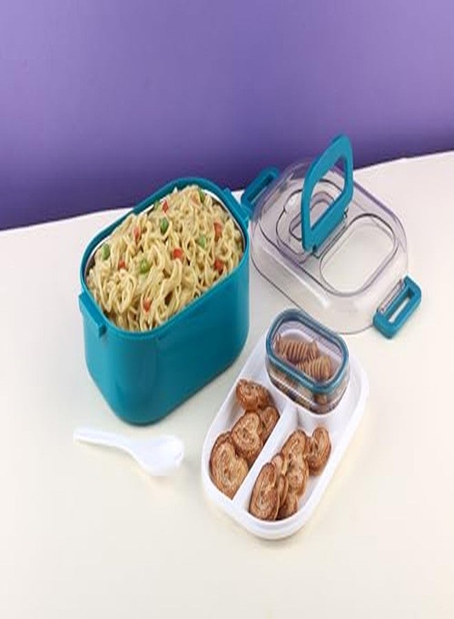 Attro Happy Meal Lunch Box Comes with 1 Small Container, Stylish Anti Spill Lid & 1 Baby Spoon Outer Plastic & Inner Stainless Steel BPA Free, Food Grade - 700ml Peacock Green - Image 4